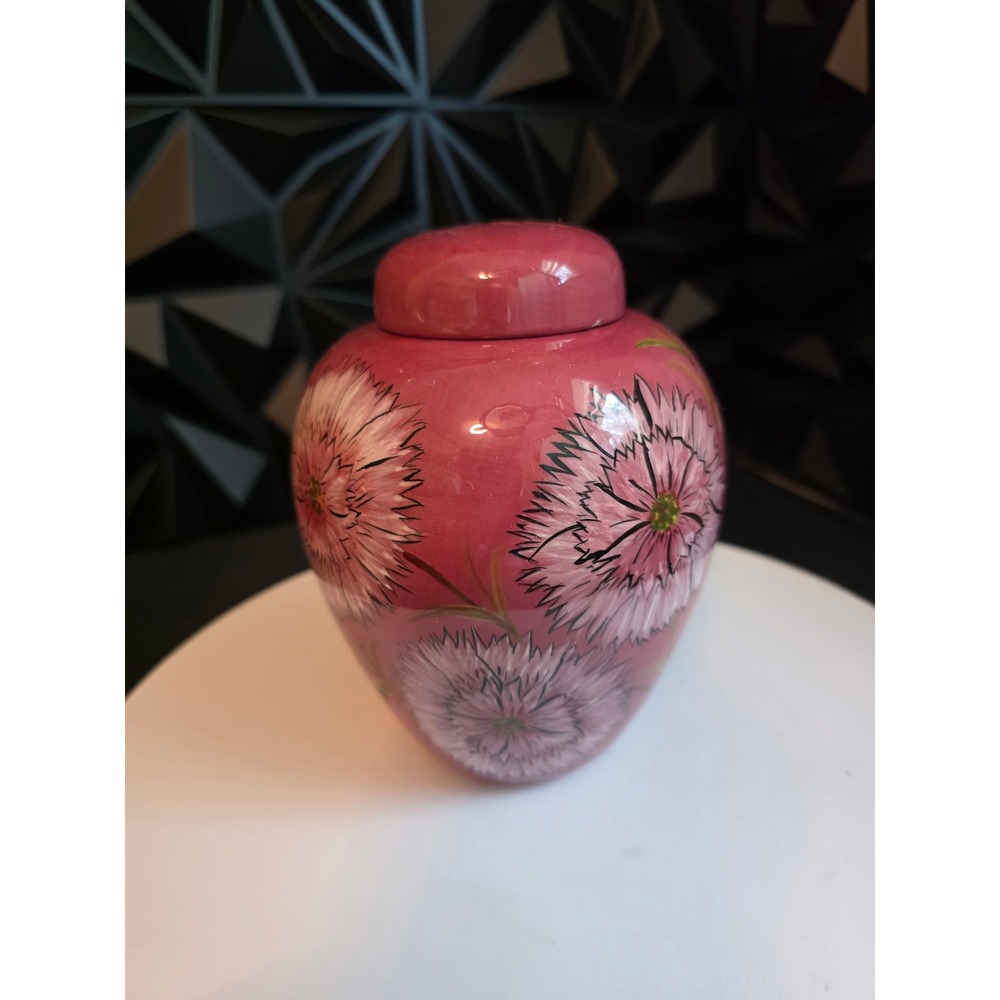 Vintage Signed Hand Painted Pink Floral Ceramic Ginger Jar with Lid 5.75" - Picture 9 of 10